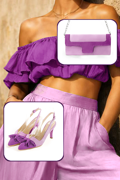 Women's mauve purple elegant slingback heels, with a bow on the front. Tapered toe. High slim heel - Worn view